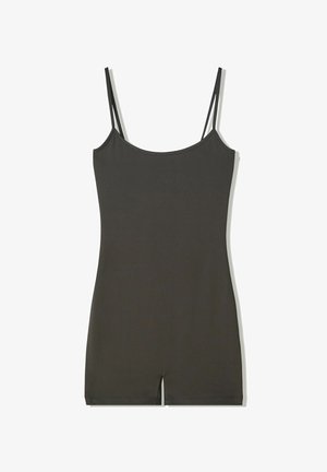 Dark gray bodysuit with thin straps, smooth fabric, fitted design, and a cut-out at the bottom. Simple, seamless construction.