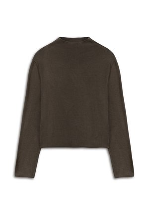 Top marrone scuro corto a maniche lunghe con scollo arrotondato. Tessuto liscio e cuciture minime sulla schiena, senza motivi o accenti visibili.