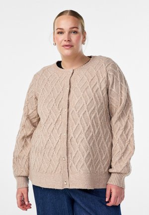 Beige knitted cardigan with a diamond cable pattern, ribbed cuffs and hem, and front button closure, made from soft textured material.