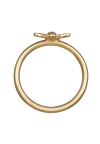 Goldring mit einem runden Band und einem dekorativen, bogenförmigen Akzent mit einer zentralen Perle. Glatte Oberfläche und polierte Ausführung.