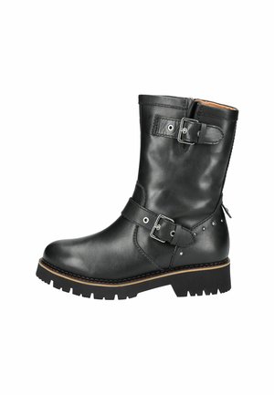 Bottine en cuir noir avec une finition lisse, deux sangles ajustables avec boucles en argent, et une semelle robuste pour l'adhérence.