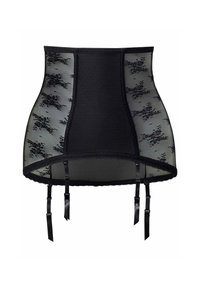 Schwarzer Spitzenstrumpfhalter mit transparenten Einsätzen, floralen Mustern und verstellbaren Trägern. Verfügt über einen einfarbigen schwarzen Mittelteil und gewellte Kanten.