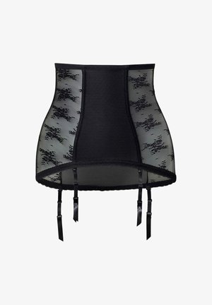 Schwarzer Spitzenstrumpfhalter mit transparenten Einsätzen, floralen Mustern und verstellbaren Trägern. Verfügt über einen einfarbigen schwarzen Mittelteil und gewellte Kanten.