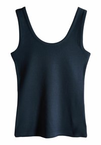 Tumesinine ribane tank top avara kaelusega ja laiade rihmadega, asetatud tasasele valgele taustale.
