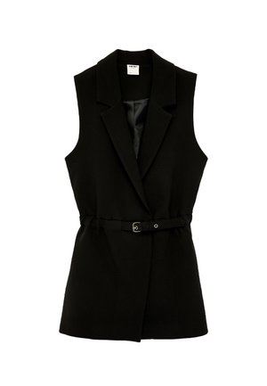 Schwarzes ärmelloses Blazerkleid mit Reverskragen und dünnem Gürtel in der Taille, mit einem glatten Innenfutter.