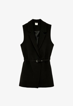Zwarte mouwloze blazerjurk met reverskraag en dunne tailleband, voorzien van een gladde binnenvoering.