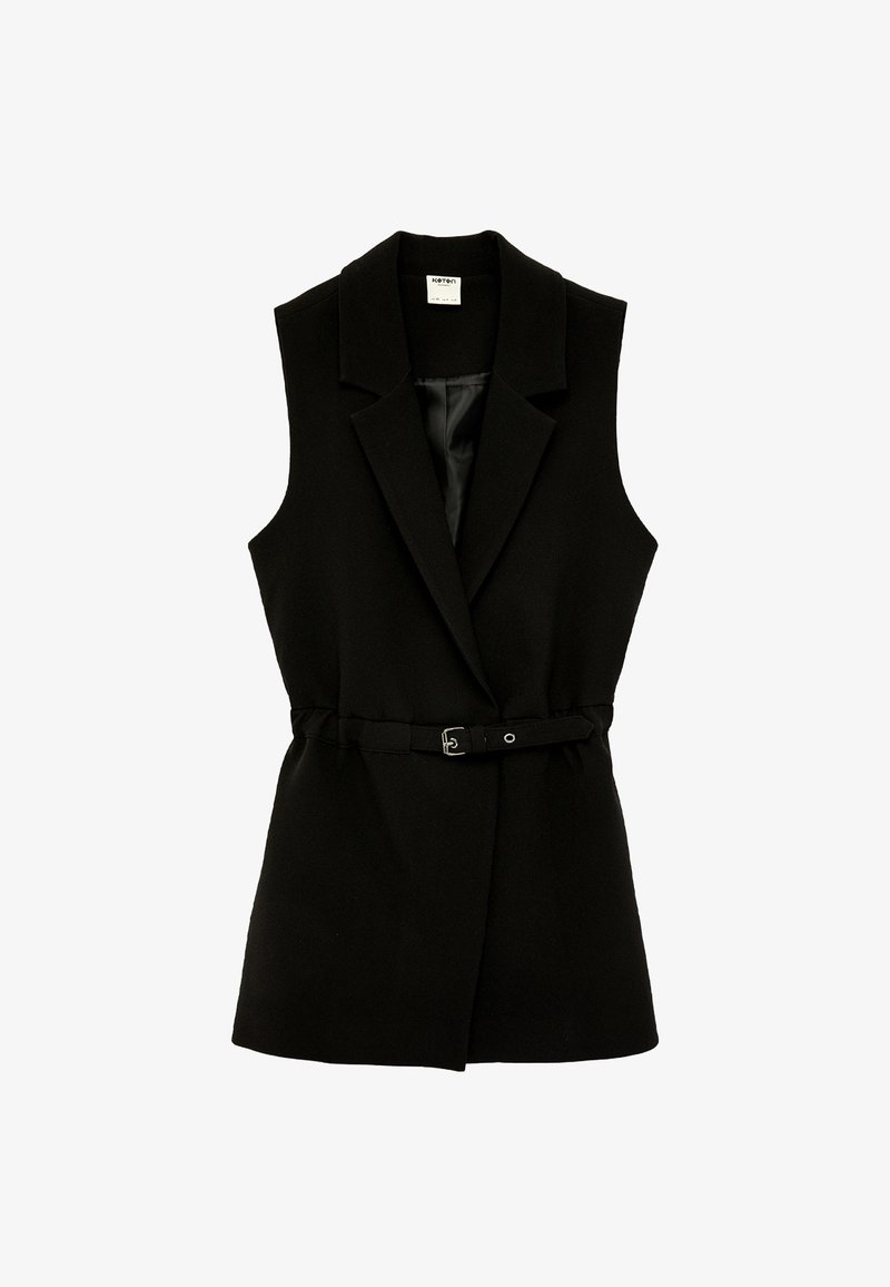 Vestido blazer sin mangas negro con cuello solapa y cinturón delgado en la cintura, con un forro interior liso.