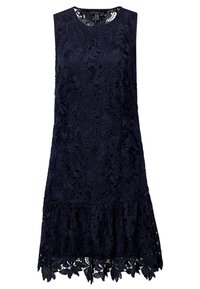 Robe en dentelle bleu marine foncé sans manches, à motif floral, avec encolure ronde et ourlet festonné agrémenté d'un détail volanté.