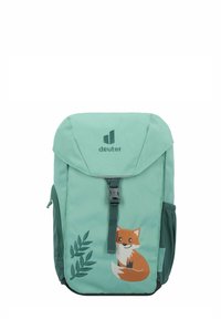 Mint green backpack with dark green accents, featuring a cartoon fox and leaf design. Includes buckle closure and side pockets.