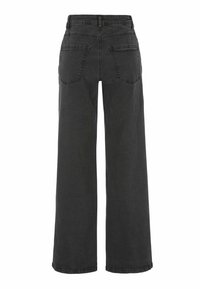 Breda ben svart denimjeans har hög midja, två bakfickor och en ren fåll. Tyget har en lätt textur och en klassisk design.