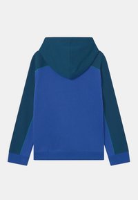 Blå huva sweatshirt med en helt blå baksida, mörk teal ärmar och kontrasterande grön söm. Mjuk tygtextur.