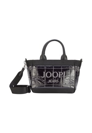 Sort quiltet skulder- og håndtaske med blank finish og "JOOP! JEANS" logo foran, med aftagelig bred rem og to korte håndtag.
