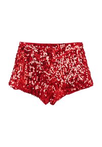 Red sequined shorts featuring a fitted design with a smooth waistband. The sequins create a textured, reflective surface throughout.