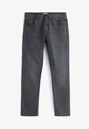 Jean en denim gris foncé avec une coupe droite, cinq poches et une fermeture à bouton. Présente une légère décoloration et une texture lisse.