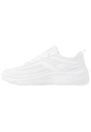 White Kappa brand athletic sneaker with mesh and synthetic upper, lace-up closure, thick cushioned sole, and branded side logo.