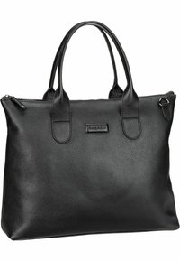 Sac fourre-tout en cuir noir avec surface texturée, double anses et fermeture zippée. Présente un patch logo à l'avant. Design compact et pratique.
