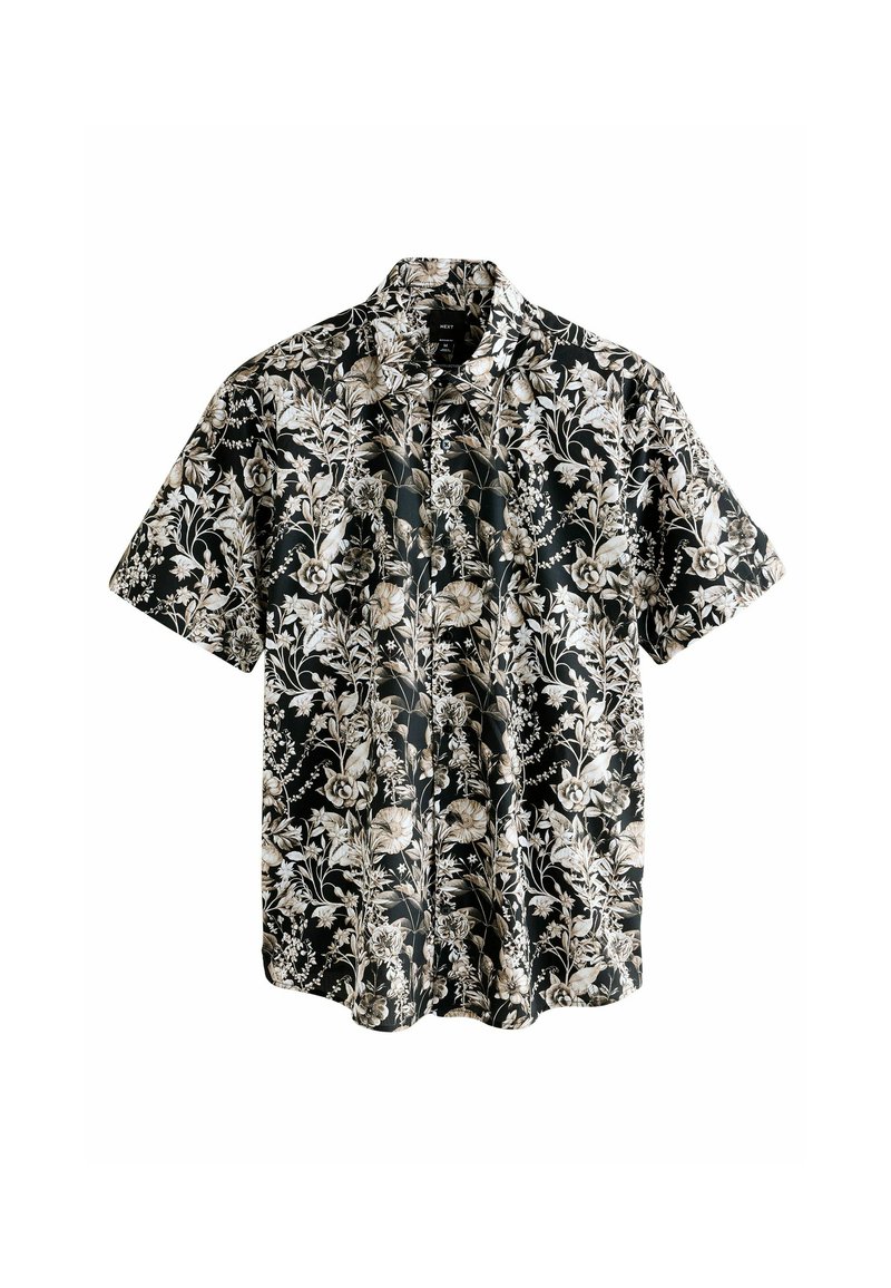 Chemise à manches courtes en tissu léger, présentant un fond noir avec des motifs floraux blancs complexes et un design de col classique.