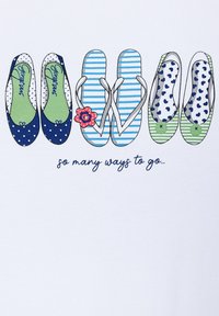 Grafik mit vier Arten von Schuhen: gepunktete Ballerinas, gestreifte Sandalen und gemusterte Flip-Flops, mit einem dekorativen Blumendetail. Der Text darunter lautet: "So viele Möglichkeiten, um zu gehen."