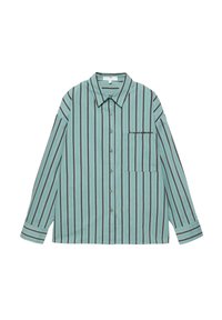 Pitkähihainen nappikiinnitteinen paita, jossa on turkoosin, mustan ja valkoisen pystysuoria raitoja, kaulus ja etutasku, jossa on hillitty tekstidetalji.