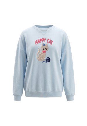 Lyseblå sweatshirt med en tekstureret beige kat iført hat og butterfly, en blå garnnøgle og lyserød tekst med teksten Happy Cat foran.