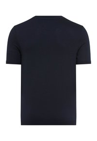 Schlichtes dunkelblaues T-Shirt mit kurzen Ärmeln, Rückansicht, mit Rundhalsausschnitt und einer einfachen, glatten Textur.