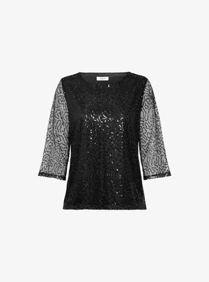 Top negro con mangas cortas y transparentes. Cuerpo cubierto de lentejuelas negras con un patrón texturizado y ondulado. Escote bote, corte holgado.