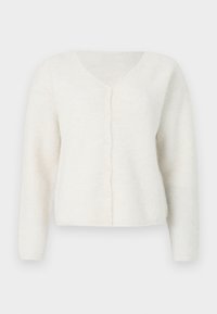Hvit, lett cardigan med V-hals og lange ermer. Har knappestolpe foran og myk, strukturert stoff. Enkel design.