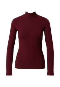 Burgunderfarbener gerippter Rollkragenpullover mit langen Ärmeln, figurbetontem Schnitt, sanfter Textur und schmalem Kragen. Geeignet zum Kombinieren.