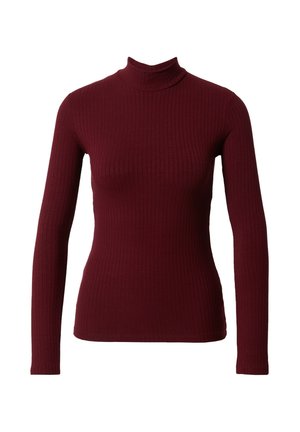 Bordeaux geribbelde coltrui met lange mouwen, fitted silhouet, zachte textuur en een smalle kraag. Geschikt voor lagen.