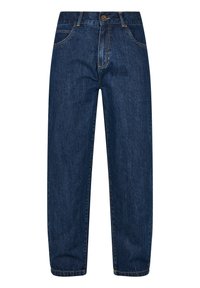 Dark blue denim jeans with a straight leg design, five pockets, and a button closure at the waist. Distinctive stitching details visible.