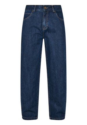 Mørkeblå denimjeans med rette ben, fem lommer og knappelukking i livet. Iøynefallende sømdetaljer er synlige.