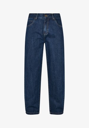 Mørkeblå denimjeans med rette ben, fem lommer og knappelukking i livet. Iøynefallende sømdetaljer er synlige.