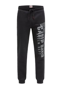 Schwarze Sweatpants aus weichem Material, mit einem elastischen Bund und Kordelzug sowie einem großen, bedruckten Logo-Design auf einem Bein.