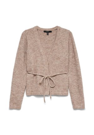 Béžový pletený sveter s dlhými rukávmi a predným zaväzovacím opaskom, s výstrihom do V a mäkkou, textúrovanou látkou.