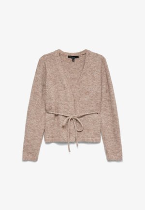 Bež pleteni kardigan s dugim rukavima i prednjim pojasom za vezanje, s V-izrezom i mekanim, teksturiranim materijalom.