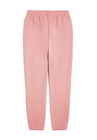 Roze katoenen joggingbroek met een elastische tailleband, taps toelopen benen en boorden bij de enkels. Geen zichtbare patronen of hardwaredetails.