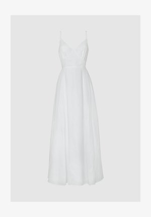 Hvid maxikjole i linned med tynde justerbare stropper, V-udskæring og tætsiddende overdel, der flyder ud i en løs nederdel med subtil tekstur.
