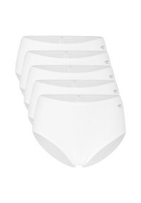 Vijf paar witte katoenen onderbroeken met een gladde textuur, een medium-rise ontwerp en een dunne elastische tailleband met een klein logo detail.