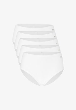 Five pairs of white cotton briefs with a smooth texture, medium-rise design, and a thin elastic waistband featuring a small logo detail.