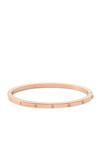 Bracelet jonc en or rose avec cinq cristaux transparents intégrés, finition lisse en métal, design fin et fermoir ouvert pour un enfilage facile.