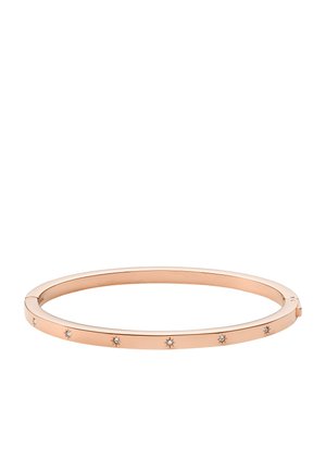 Roze gouden bangle-armband met vijf geïntegreerde heldere kristallen, gladde metal finish, slank ontwerp en open sluiting voor eenvoudig dragen.