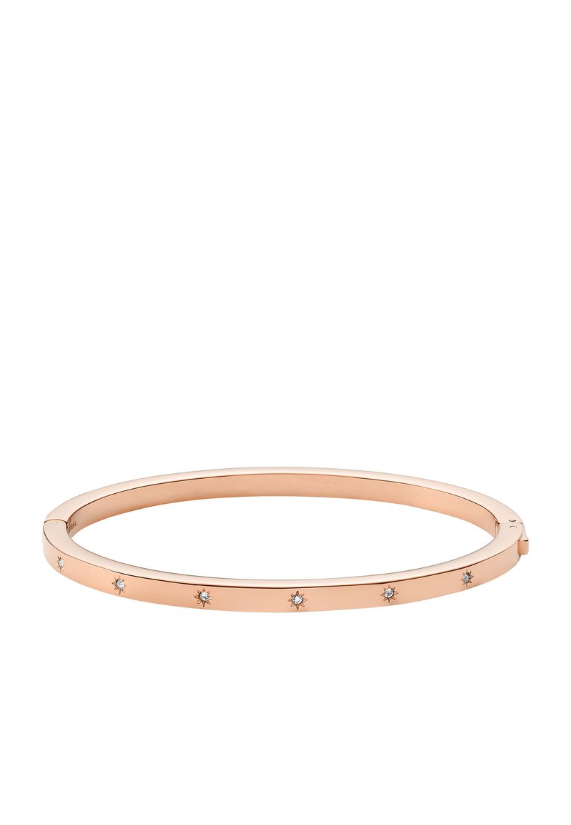 Bracelet jonc en or rose avec cinq cristaux transparents intégrés, finition lisse en métal, design fin et fermoir ouvert pour un enfilage facile.