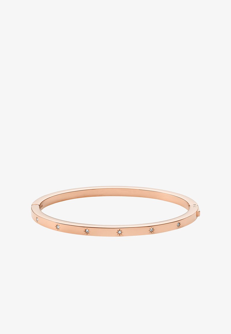 Bracciale rigido in oro rosa con cinque cristalli trasparenti incastonati, finitura metallica liscia, design sottile e chiusura aperta per una facile indossabilità.