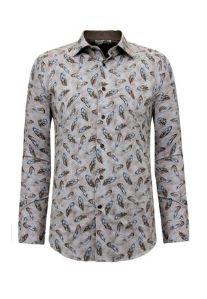 Lange mouwen overhemd met kraag in licht beige stof met een herhalend patroon van veren in blauw en bruintinten; knoopsluiting aan de voorkant.