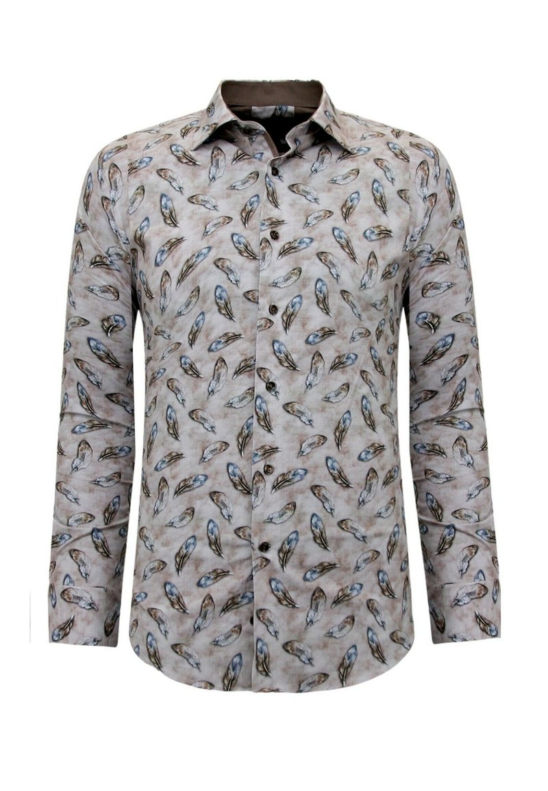 Lange mouwen overhemd met kraag in licht beige stof met een herhalend patroon van veren in blauw en bruintinten; knoopsluiting aan de voorkant.