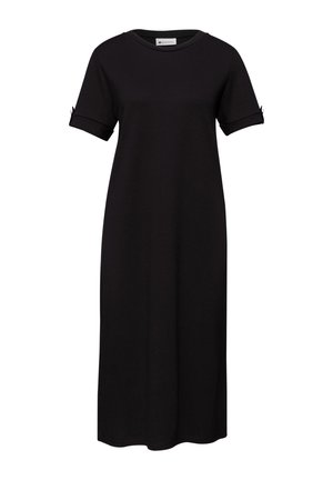 Zwarte midi-jurk met korte mouwen en een ronde hals, voorzien van knoopsluitingen aan de mouwboorden en een rechte, losse pasvorm.