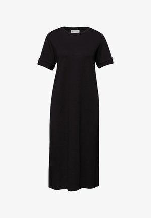 Black midi dress with short sleeves and round neckline, featuring buttoned sleeve cuffs and a straight loose fit.