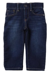 Pantalones vaqueros de mezclilla azul oscuro para toddler, con botón frontal, cremallera, trabillas para cinturón y estilo de cinco bolsillos.