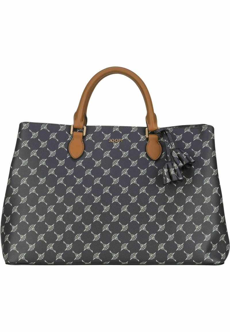 Black patterned handbag with tan leather handles and tassel accent; features a repeating geometric design on durable material.