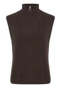 Pull sans manches marron côtelé avec un col montant, doté d'une fermeture éclair argentée et d'une découpe triangulaire distinctive au niveau de l'encolure.